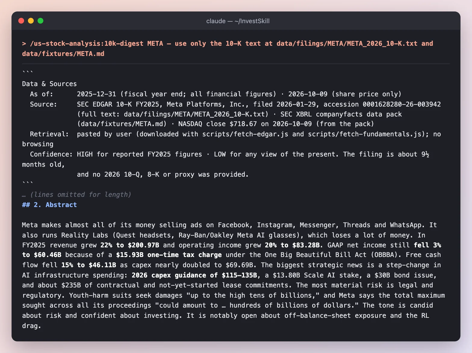 10k-digest: the Data & Sources header and a one-paragraph abstract of the filing