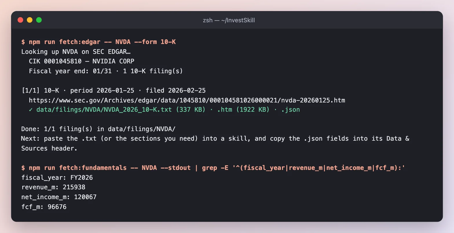 fetch:edgar downloads NVIDIA's FY2026 10-K; fetch:fundamentals extracts the reported figures