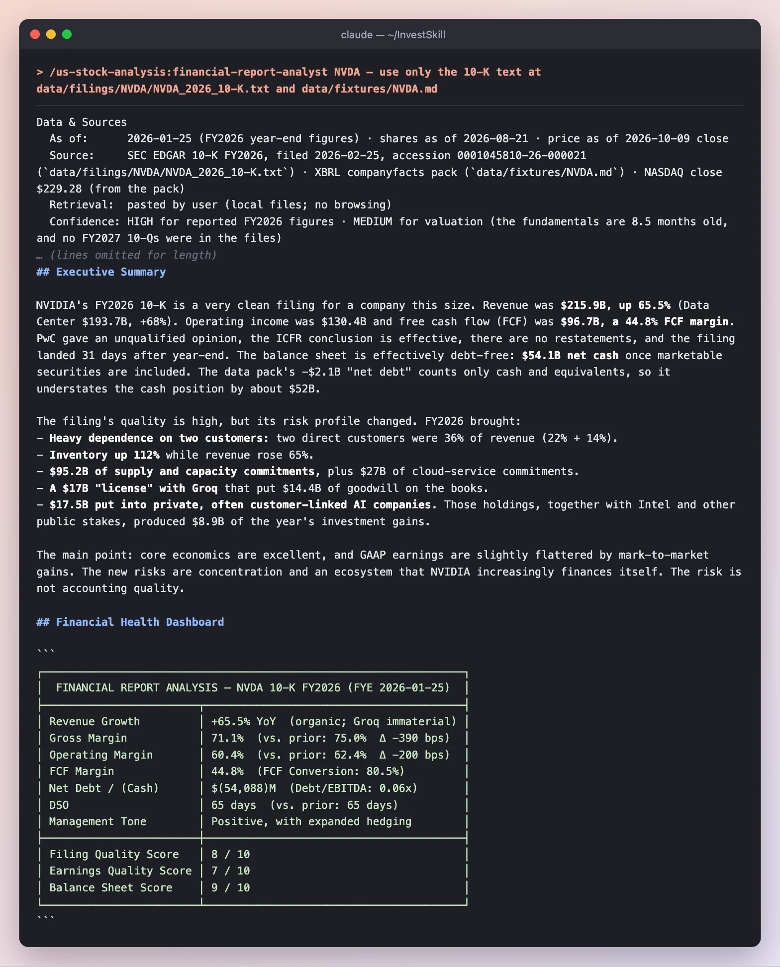 financial-report-analyst: Data & Sources header, executive summary and financial-health dashboard