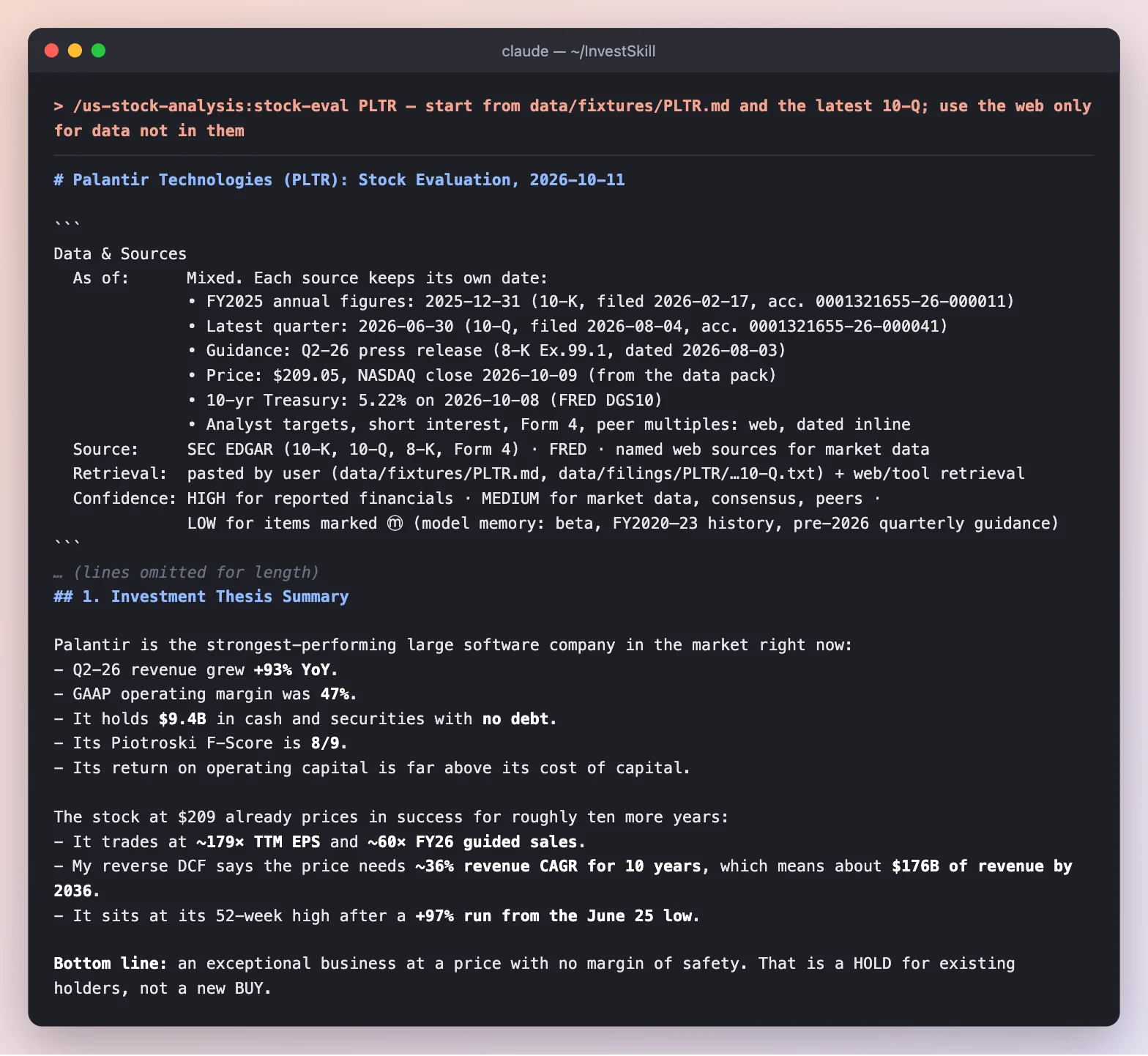 stock-eval: a Data & Sources header that dates every source, and the investment thesis