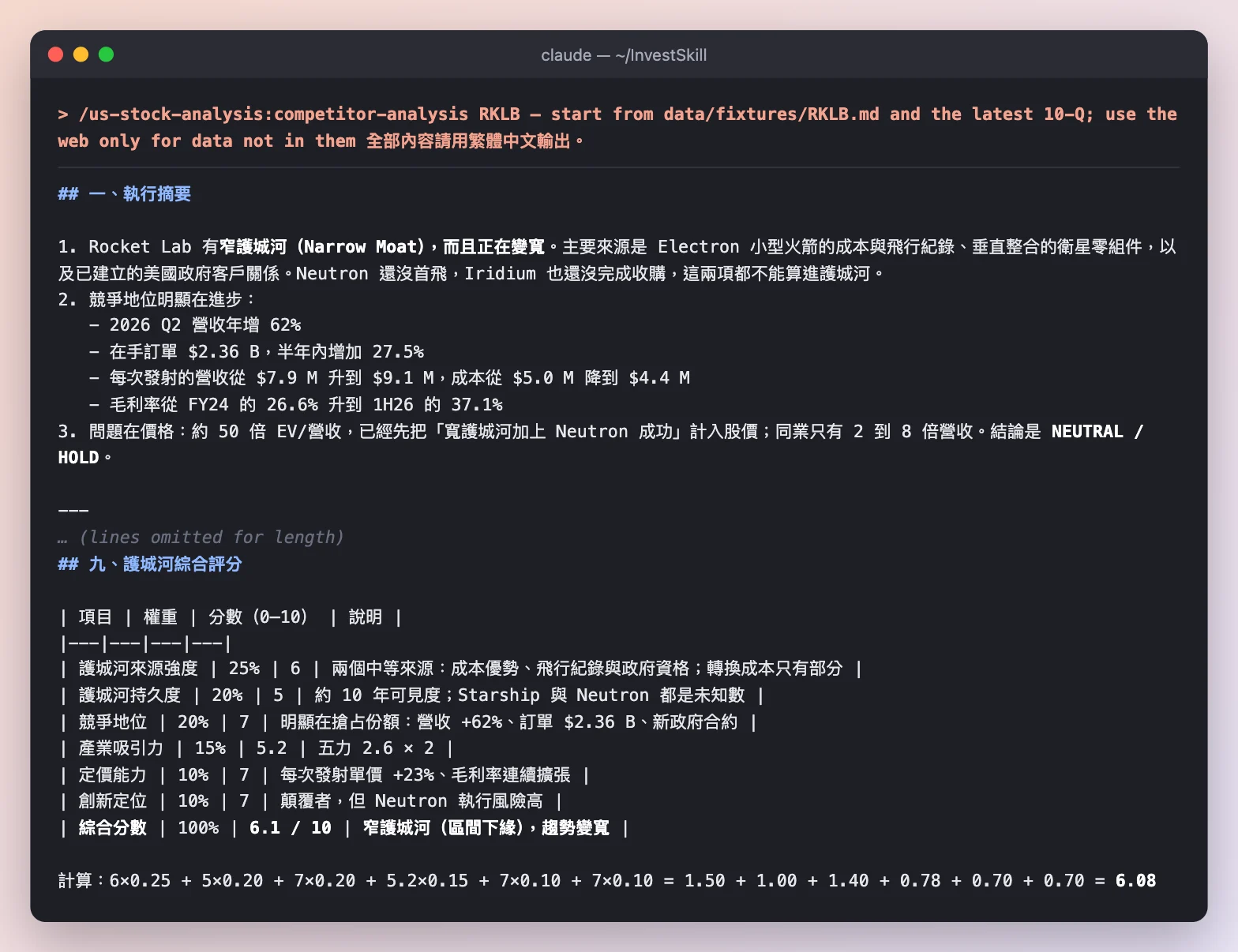 competitor-analysis：執行摘要與護城河綜合評分 6.1 / 10