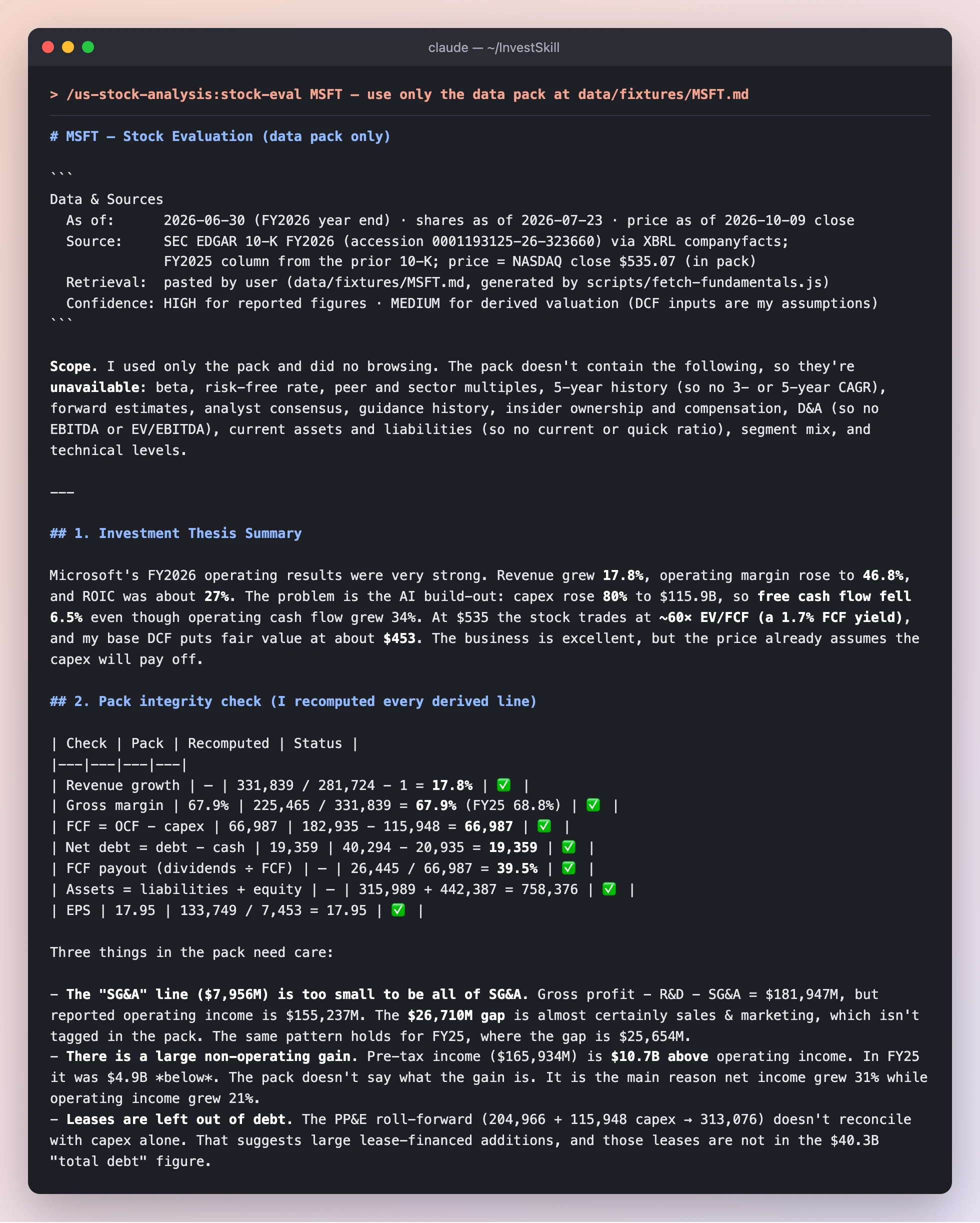 stock-eval opens with a Data & Sources header, a scope note, the thesis and a pack integrity check