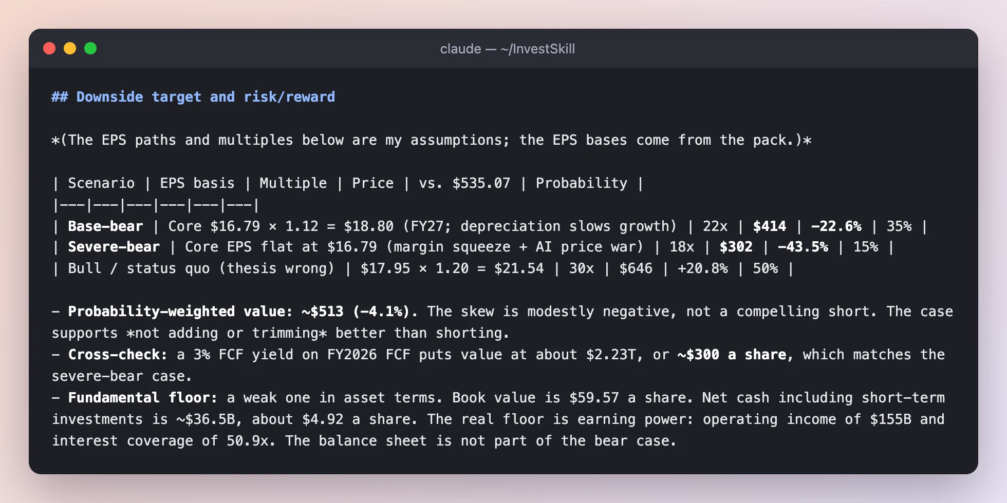 Downside scenarios: base-bear $414, severe-bear $302, and a probability-weighted value of $513
