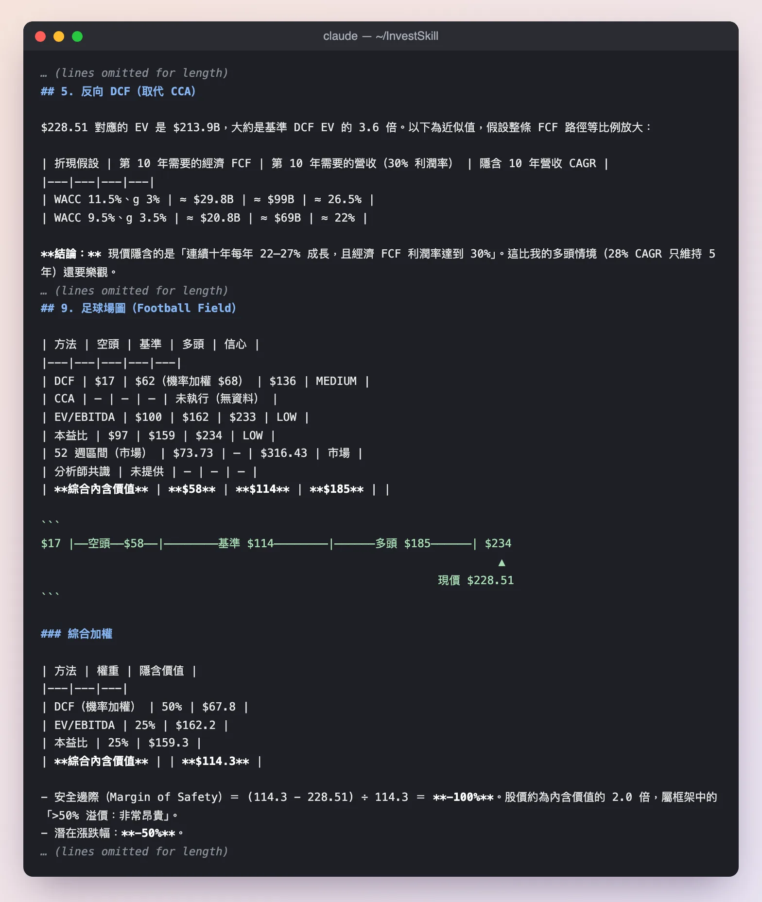 stock-valuation 的反向 DCF 與估值區間總表(足球場圖)