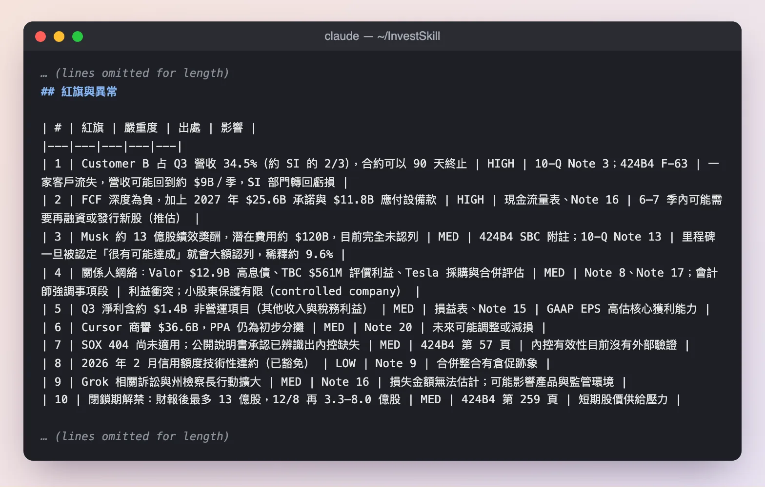 financial-report-analyst 的紅旗與異常清單:客戶集中與負自由現金流列為 HIGH