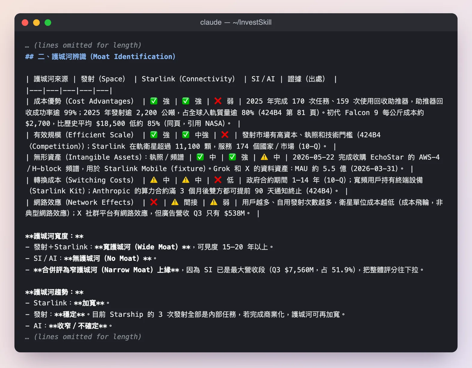 competitor-analysis 的護城河辨識表:發射與 Starlink 在成本優勢與有效規模上評為強,SI 多數項目評為弱
